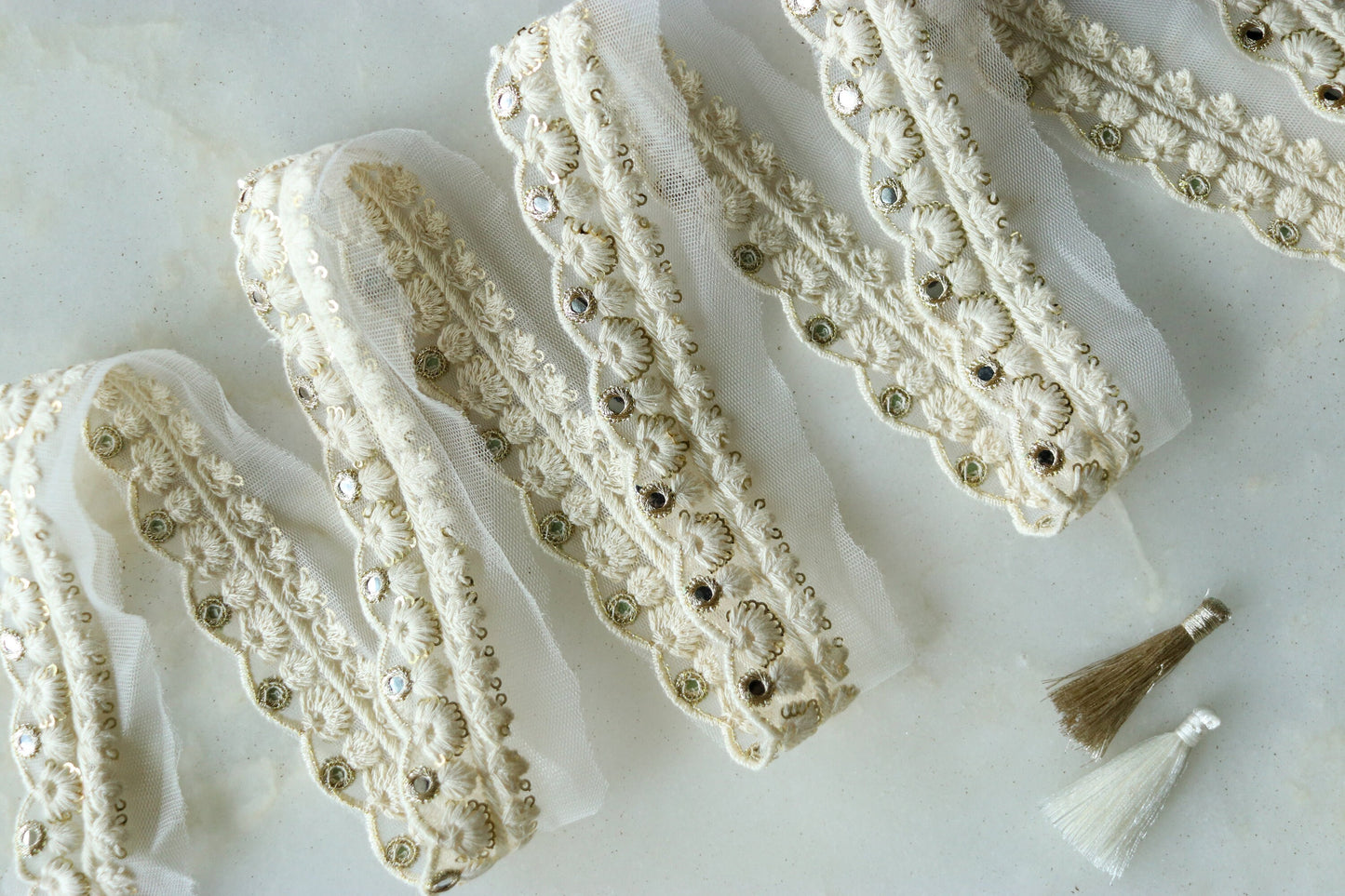 White Floral Scallop Embroidered Trim,White Net Border,Cutwork Sequin Net Lace,Indian Fabric Trim,Floral Saree Border,Price/mtr