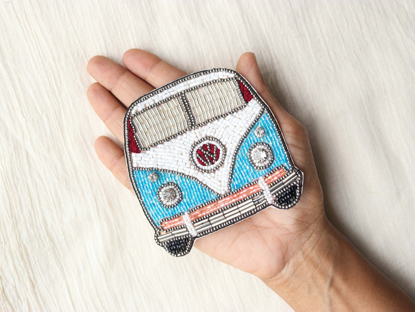 Vintage Van Quirky embroidered patch,Handmade Beaded Bus Vehicle applique, Boho Hippie patch,Flower Power Holiday Travel Microbus Patch