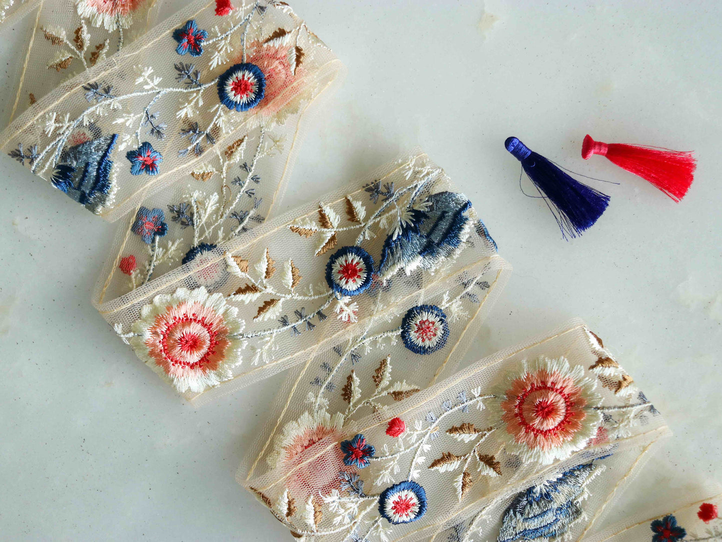 Peach Blue Floral Embroidered Trim,Pink Net Floral Border,Pink Peach Net Lace,Indian Fabric Trim,Saree Border,Price/mtr