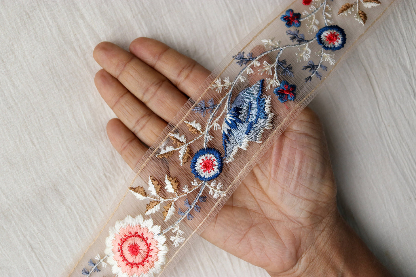 Peach Blue Floral Embroidered Trim,Pink Net Floral Border,Pink Peach Net Lace,Indian Fabric Trim,Saree Border,Price/mtr