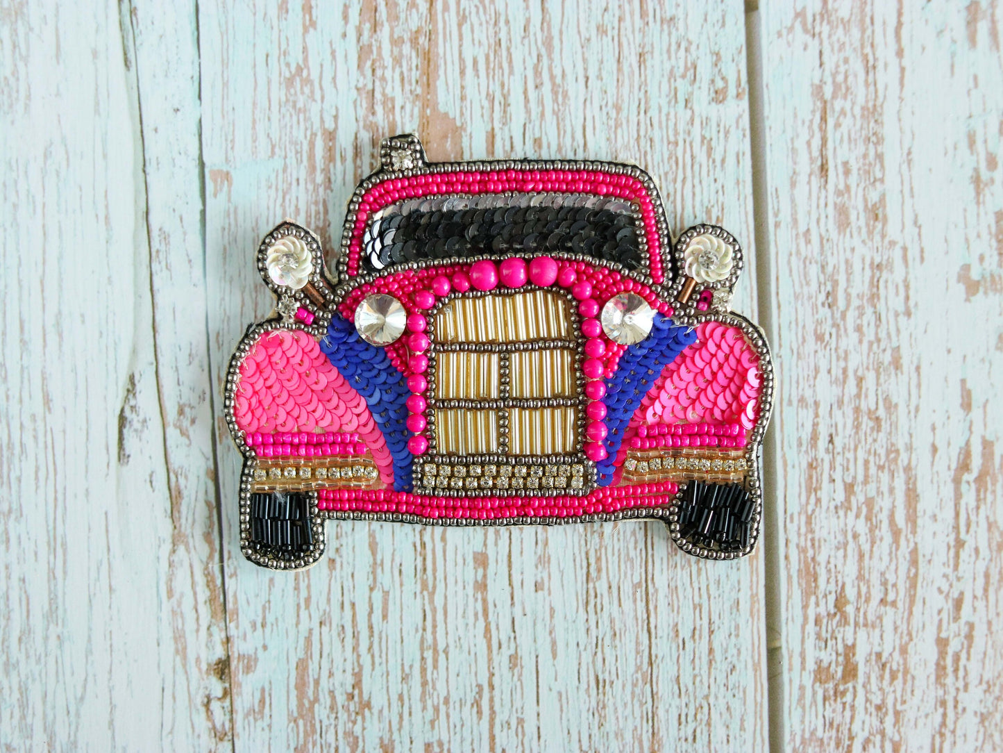 Pink Beaded Embroidered Car patch,Handmade Pink Buggy applique, Boho Quirky Vintage Vehicle patch,White Wedding Applique,DIY Patch