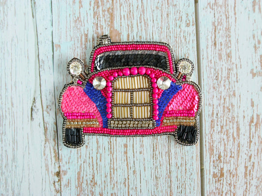 Pink Beaded Embroidered Car patch,Handmade Pink Buggy applique, Boho Quirky Vintage Vehicle patch,White Wedding Applique,DIY Patch