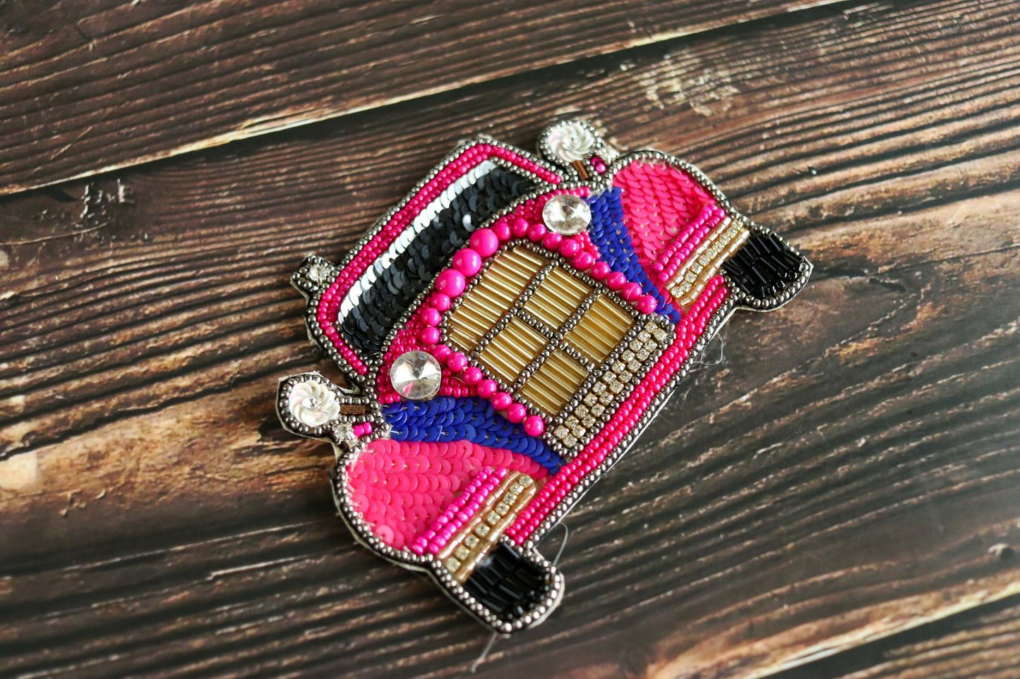 Pink Beaded Embroidered Car patch,Handmade Pink Buggy applique, Boho Quirky Vintage Vehicle patch,White Wedding Applique,DIY Patch