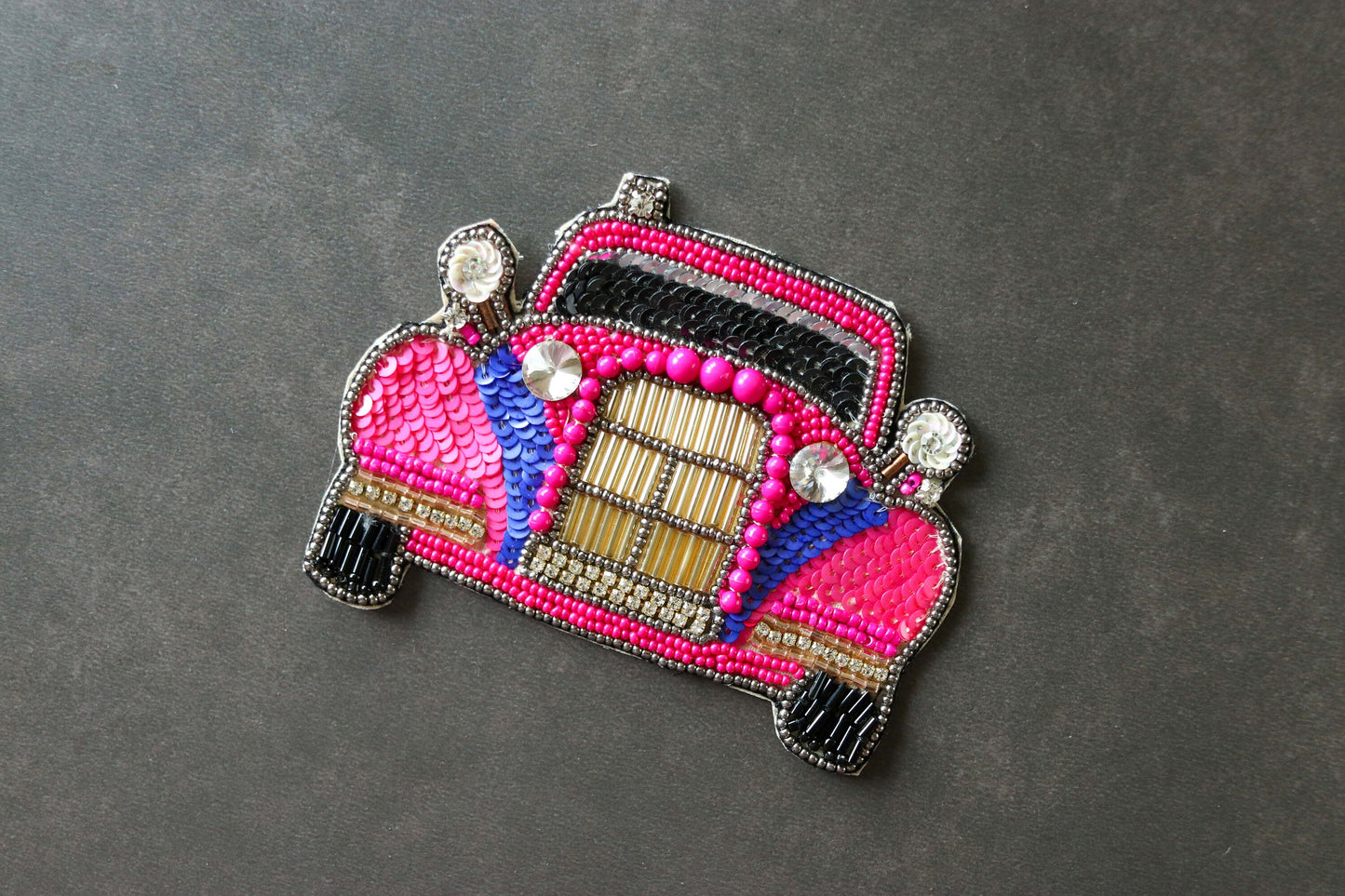 Pink Beaded Embroidered Car patch,Handmade Pink Buggy applique, Boho Quirky Vintage Vehicle patch,White Wedding Applique,DIY Patch