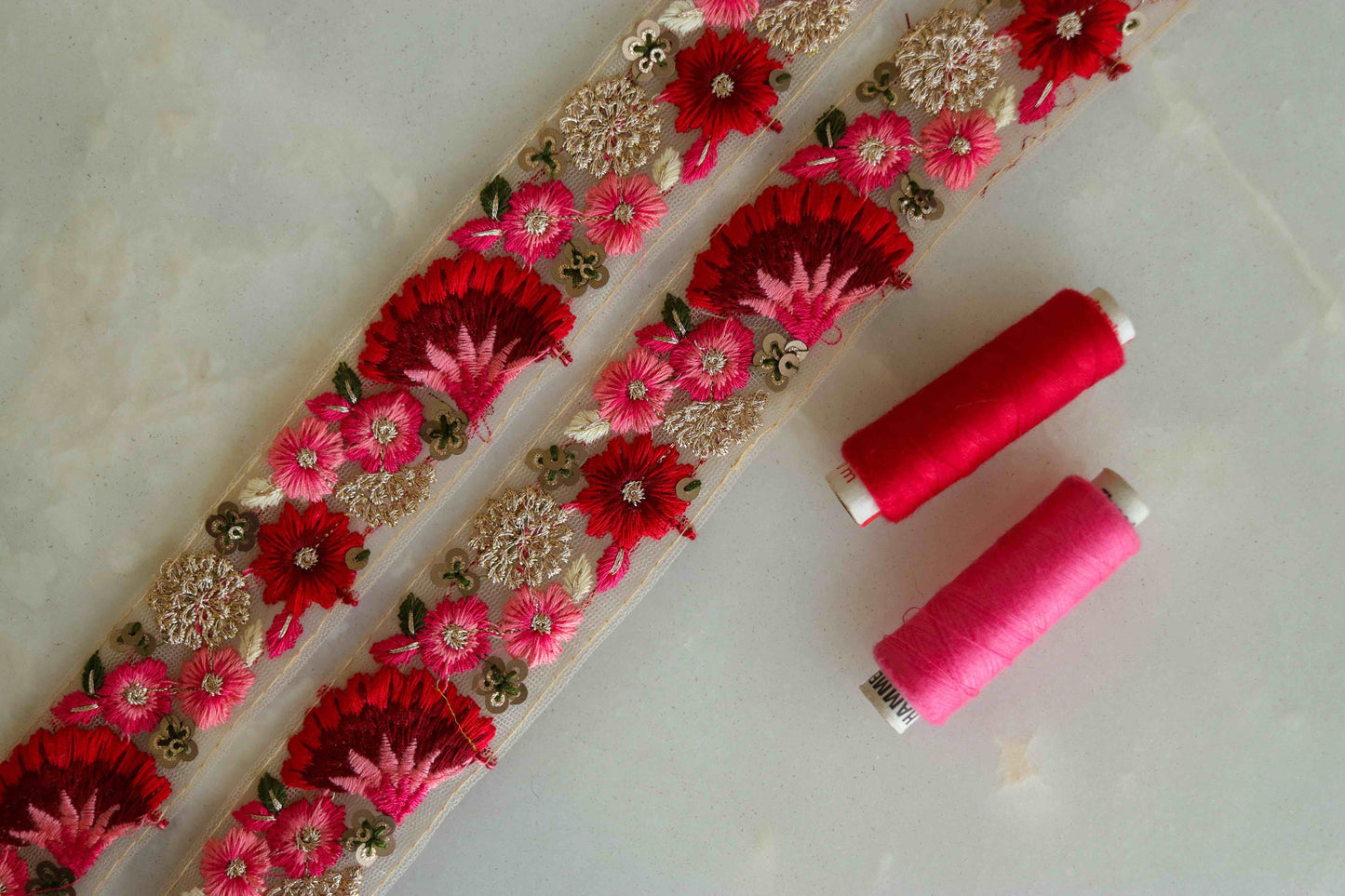 Red Pink Floral Embroidered Trim,Red Floral Border,Red Pink Net Lace,Indian Fabric Trim, Floral Saree Border,Price/mtr