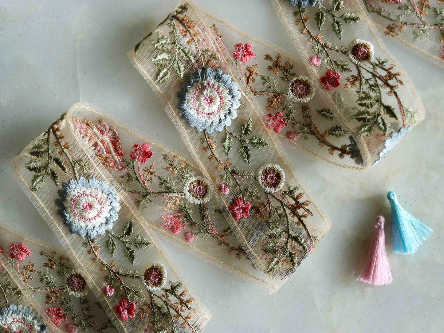 Blue Pink Floral Embroidered Trim,Pastel Net Floral Border,Blue White Net Lace,Indian Fabric Trim,Saree Border,Price/mtr