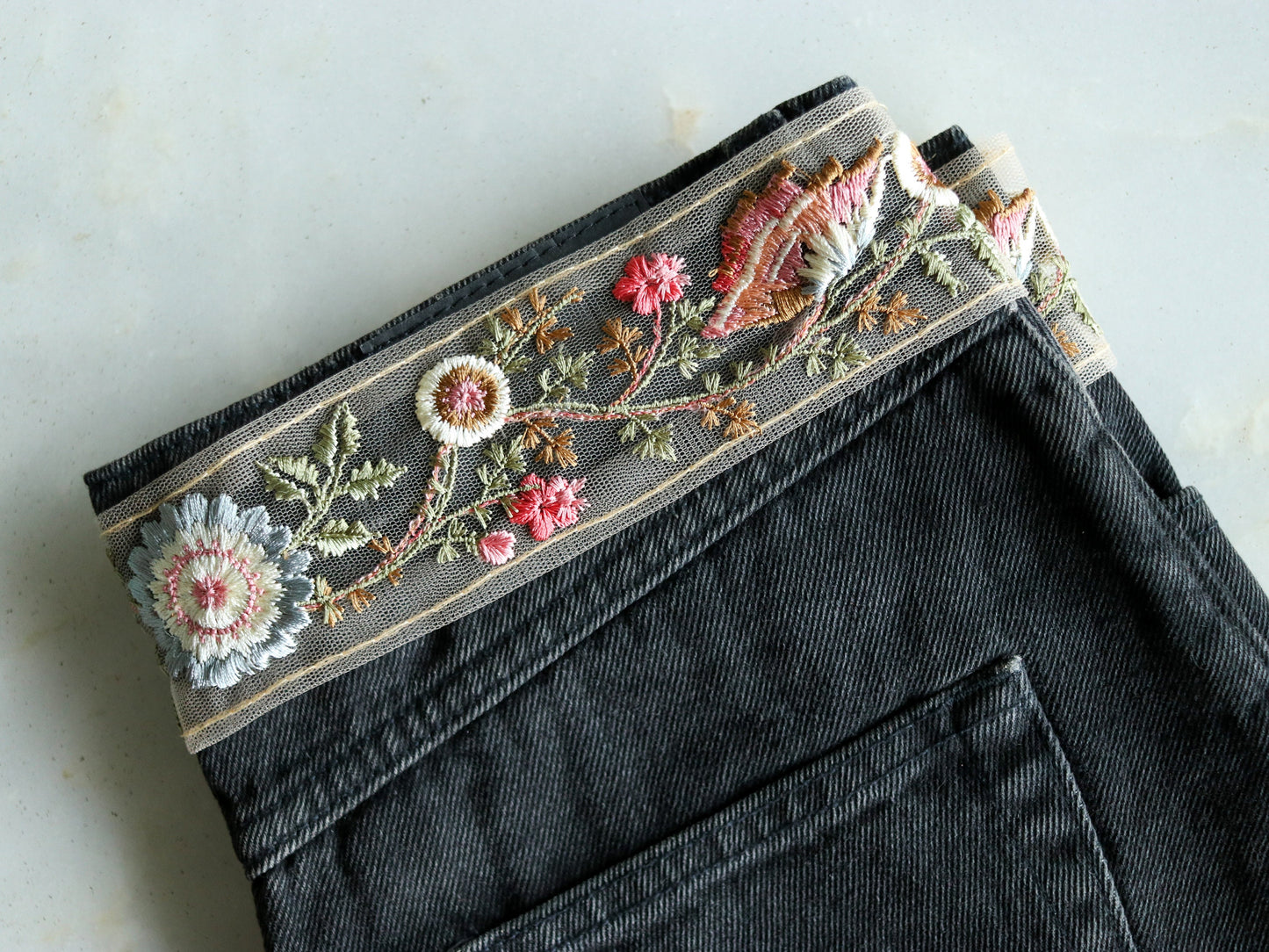 Blue Pink Floral Embroidered Trim,Pastel Net Floral Border,Blue White Net Lace,Indian Fabric Trim,Saree Border,Price/mtr