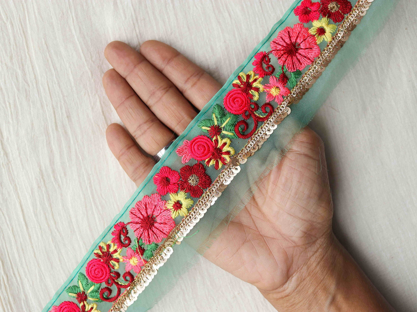 Mint Pink Floral Embroidered Trim,Sequin Floral Border,Green Pink Gold Floral Net Lace,Indian Fabric Trim,Floral Saree Border,Price/mtr