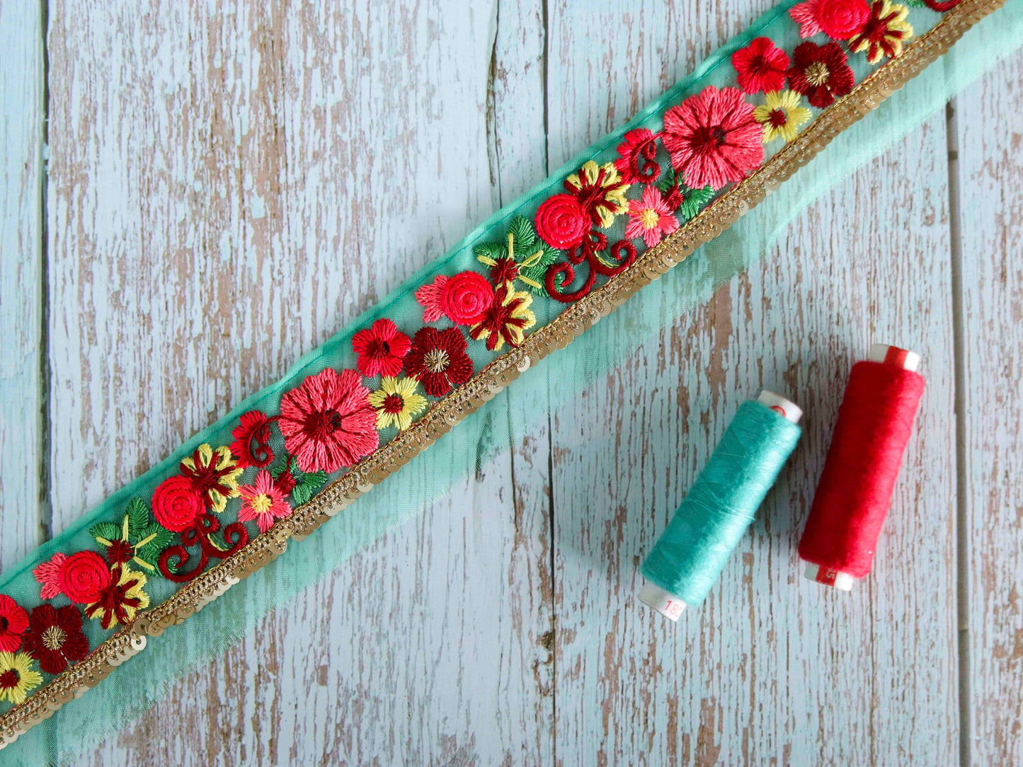 Mint Pink Floral Embroidered Trim,Sequin Floral Border,Green Pink Gold Floral Net Lace,Indian Fabric Trim,Floral Saree Border,Price/mtr
