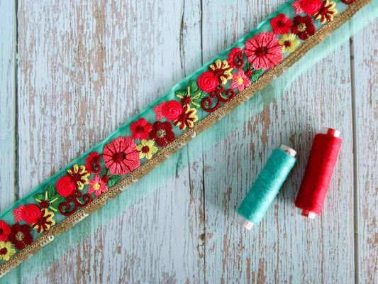 Mint Pink Floral Embroidered Trim,Sequin Floral Border,Green Pink Gold Floral Net Lace,Indian Fabric Trim,Floral Saree Border,Price/mtr