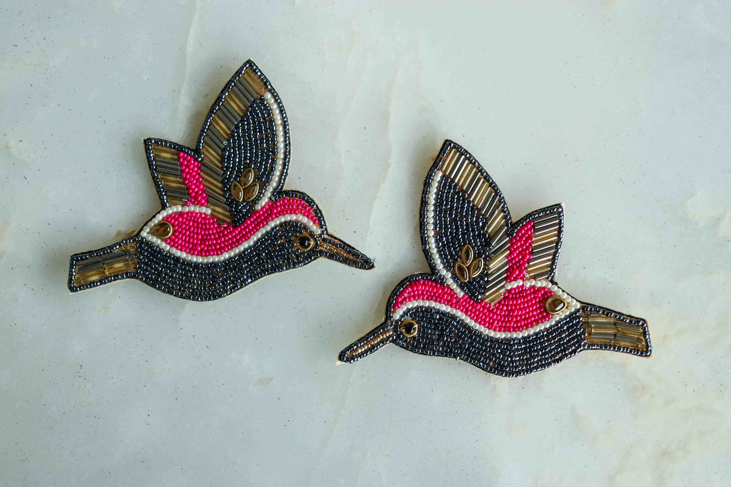 Grey Pink Bird Beaded patch,Handmade Embroidered applique, Grey Hummingbird patch,Costume Denim Patch,Sew on Applique, DIY Patch