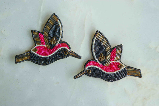 Grey Pink Bird Beaded patch,Handmade Embroidered applique, Grey Hummingbird patch,Costume Denim Patch,Sew on Applique, DIY Patch