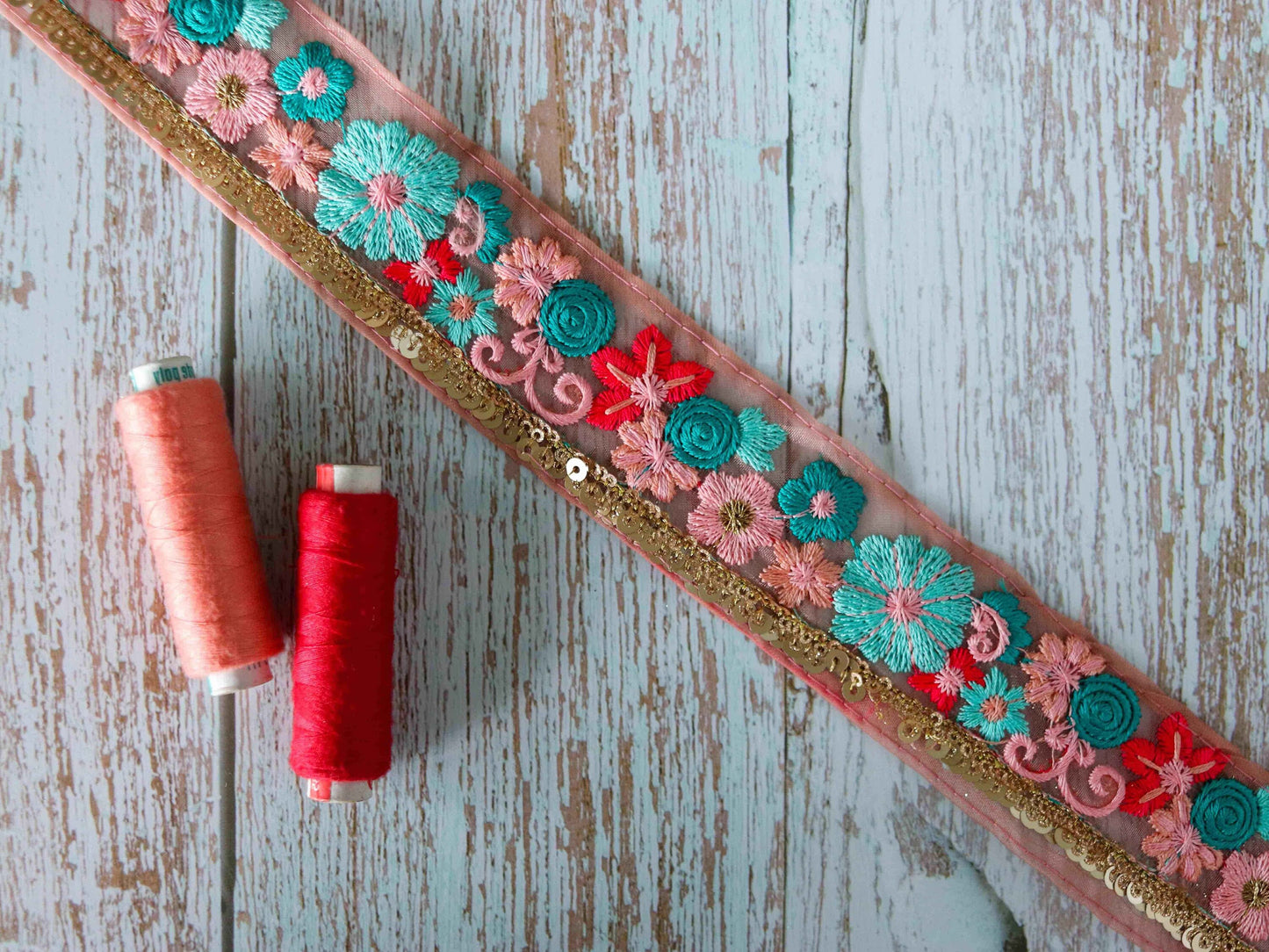 Peach Teal Floral Embroidered Trim, Pink Sequin Floral Border, Green Gold Net Lace,Indian Fabric Trim, Saree Border, Price/mtr, インド刺繍リボン