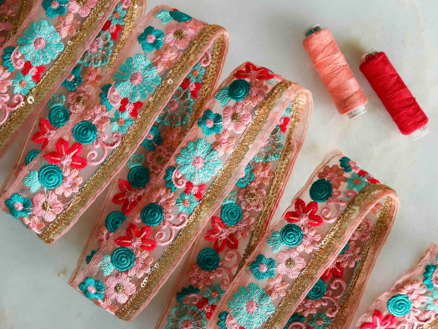 Peach Teal Floral Embroidered Trim, Pink Sequin Floral Border, Green Gold Net Lace,Indian Fabric Trim, Saree Border, Price/mtr, インド刺繍リボン