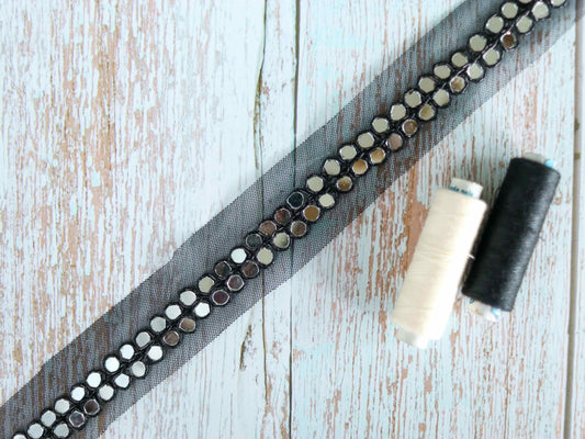 Black Net Mirror Embroidered Trim,Floral Handmade Thin Net Mirror Indian Border,Bridal Designer Lace,Mirror Saree Border,Price/mtr