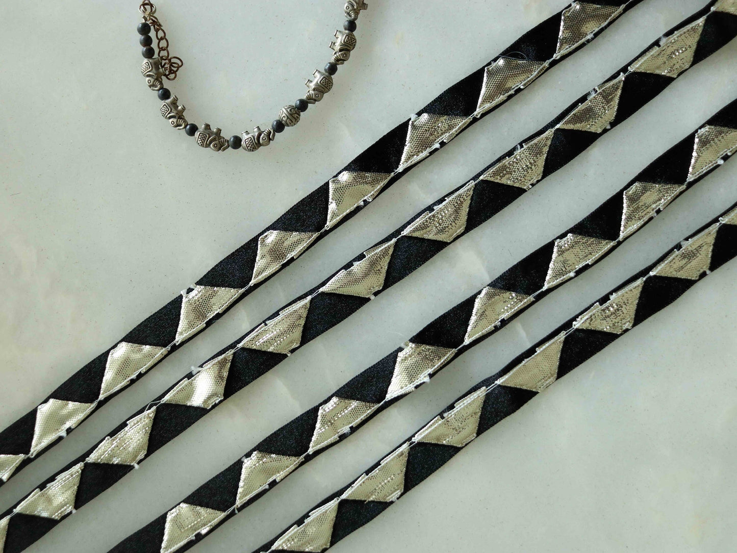 Black Silver Gota Embroidered Trim,Silver Triangle Border,Gota Triangle Lace,Bridal Saree Border,Indian Fabric Trim,Price/mtr