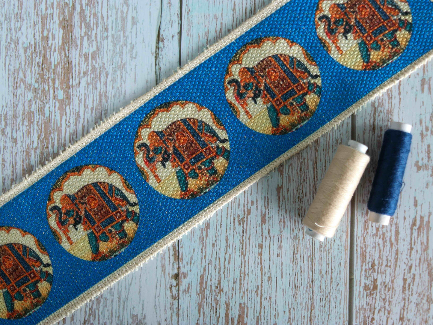 Blue Jute Elephant Print Trim,Boho Digital Print Rustic Beige Border,Indian Festive Lace,Broad Designer Bridal Saree Border,Price/mtr
