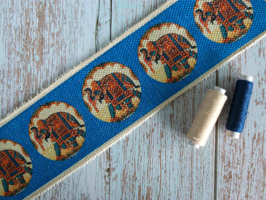 Blue Jute Elephant Print Trim,Boho Digital Print Rustic Beige Border,Indian Festive Lace,Broad Designer Bridal Saree Border,Price/mtr