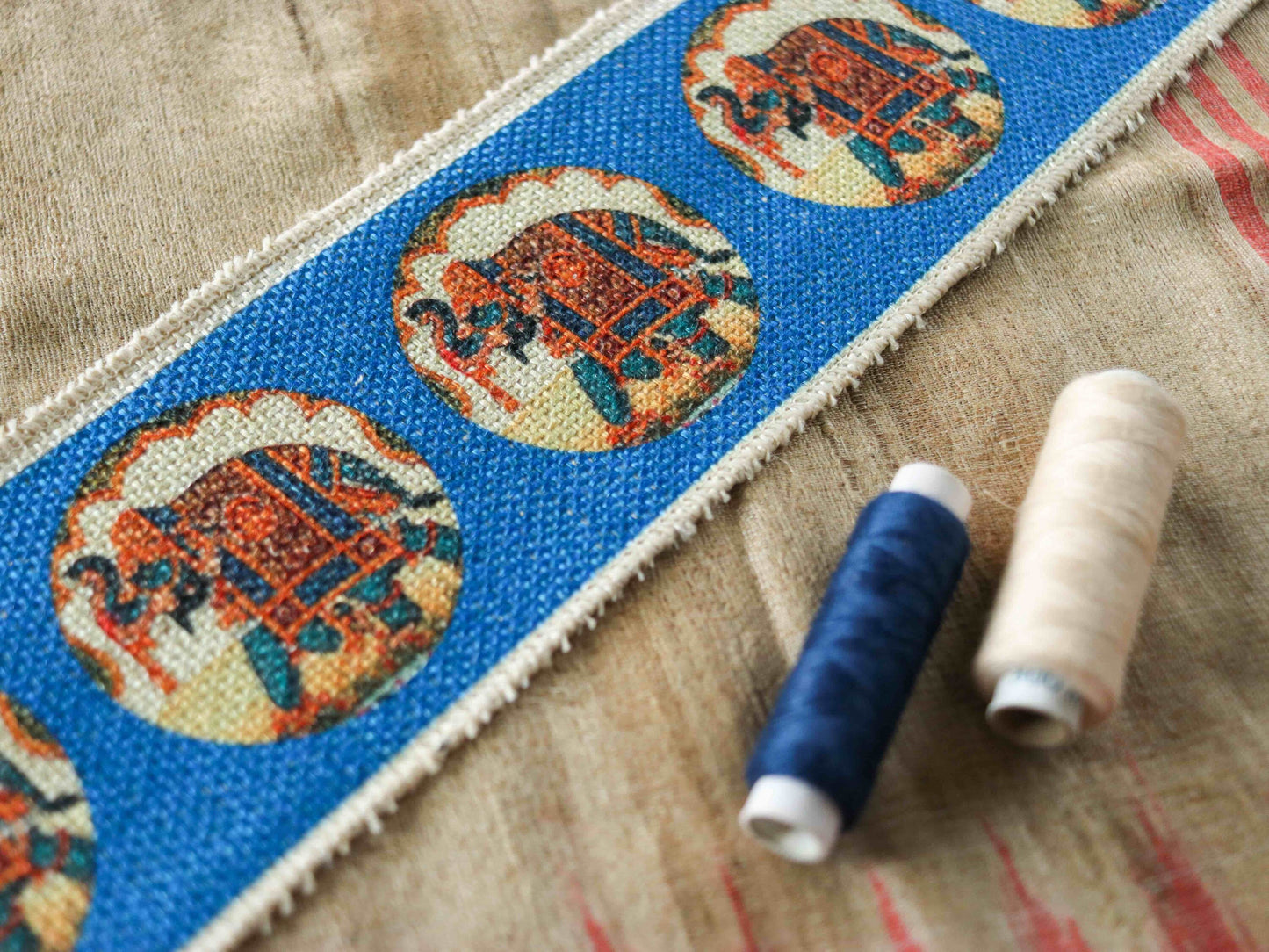 Blue Jute Elephant Print Trim,Boho Digital Print Rustic Beige Border,Indian Festive Lace,Broad Designer Bridal Saree Border,Price/mtr