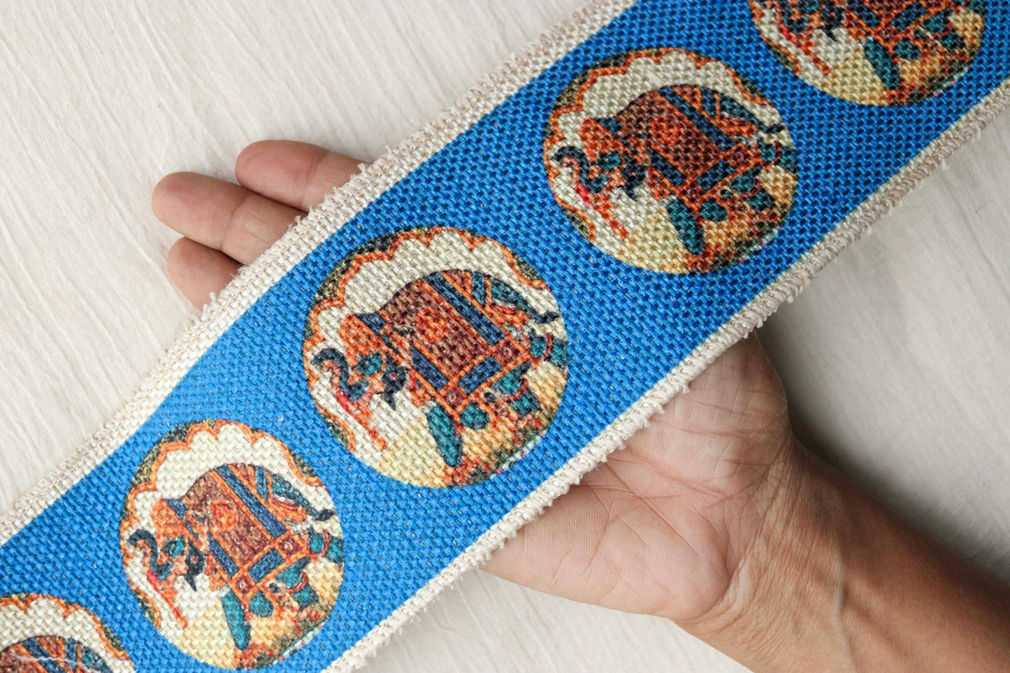 Blue Jute Elephant Print Trim,Boho Digital Print Rustic Beige Border,Indian Festive Lace,Broad Designer Bridal Saree Border,Price/mtr