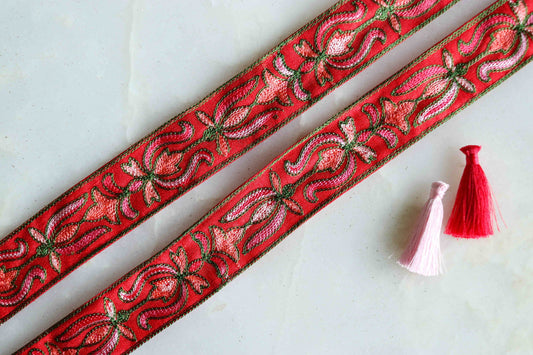 Red Floral Embroidered Trim,Indian Kashmiri Border,Red Pink Floral Lace,Red Pink Floral Saree Border,Price/mtr