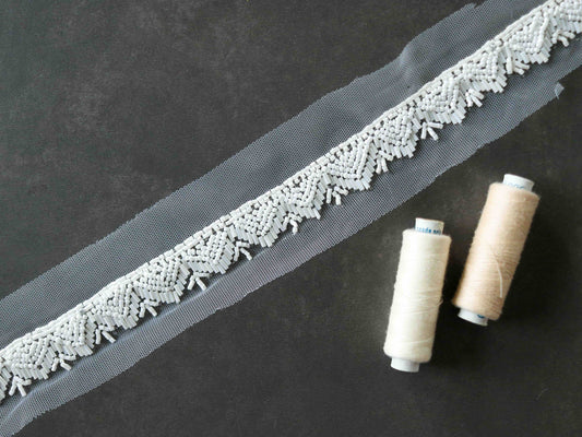 White Beaded Floral Handmade Trim,Floral Vine Bugle Bead Net Border,White Fringe Lace,Indian Fabric Trim,Calcutta Saree Border,Price/mtr