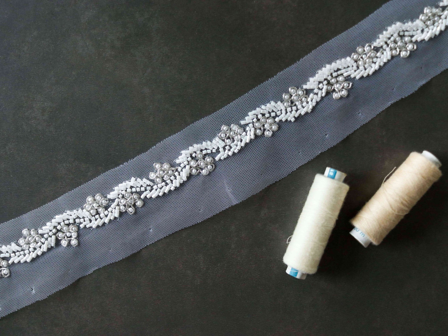 White Beaded Floral Handmade Trim,Floral Vine Bugle Bead Net Border,White Fringe Lace,Indian Fabric Trim,Calcutta Saree Border,Price/mtr