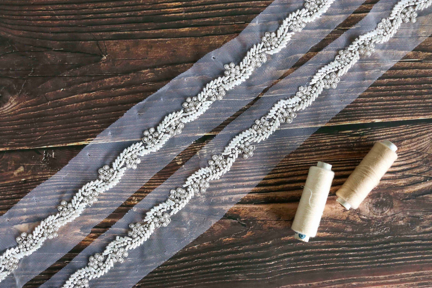 White Beaded Floral Handmade Trim,Floral Vine Bugle Bead Net Border,White Fringe Lace,Indian Fabric Trim,Calcutta Saree Border,Price/mtr