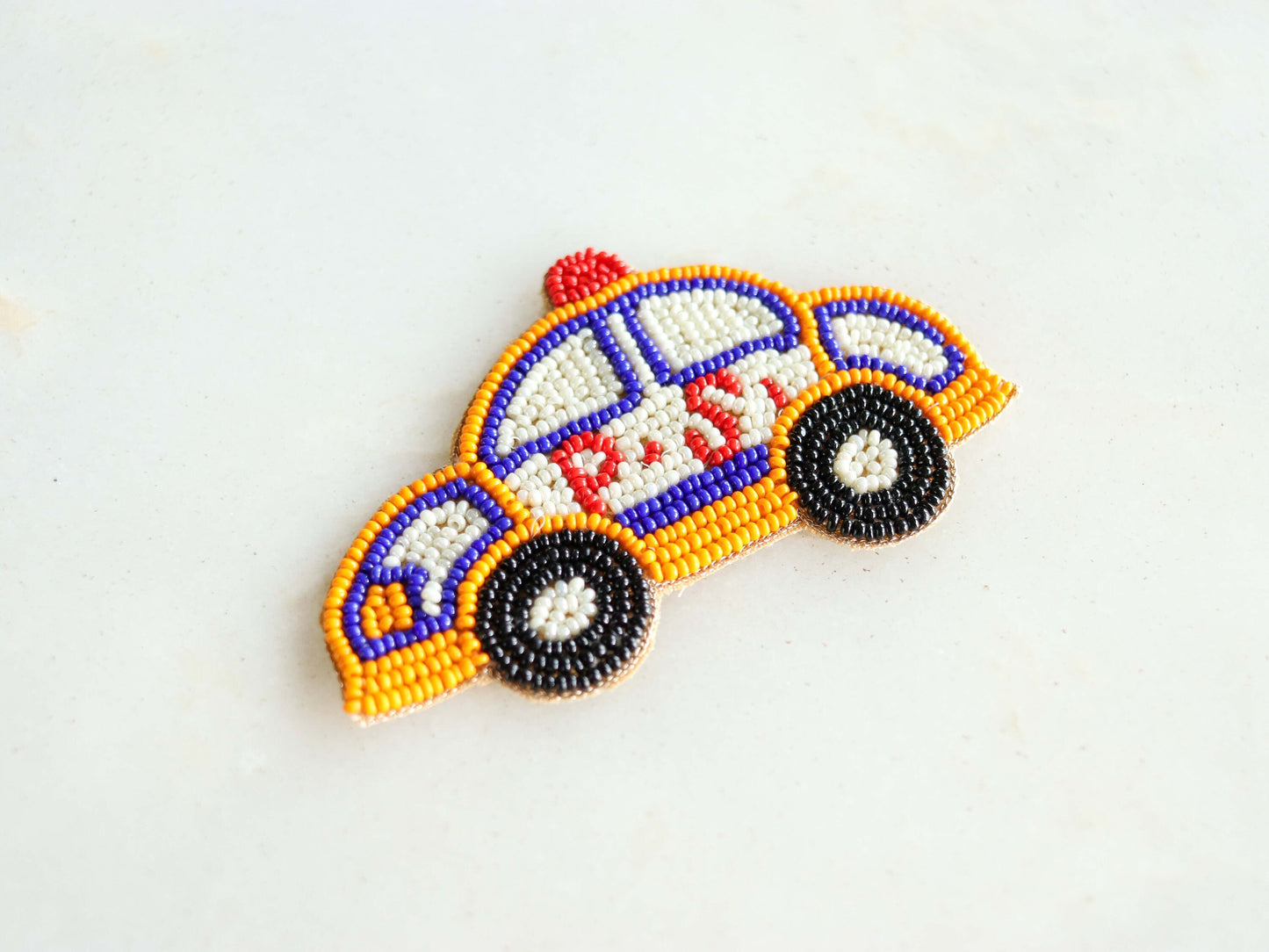 Quirky Police Car beaded patch,Handmade Vehicle Cab applique, Yellow White Taxi Boho embroidered vehicle patch,Sew on DIY Patch