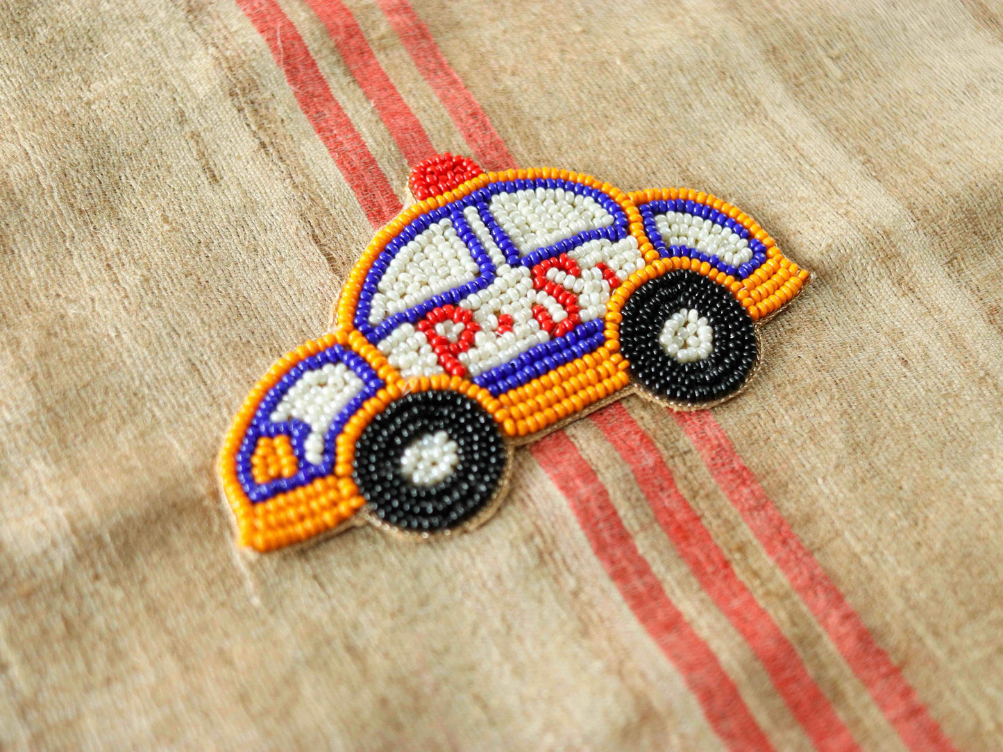 Quirky Police Car beaded patch,Handmade Vehicle Cab applique, Yellow White Taxi Boho embroidered vehicle patch,Sew on DIY Patch