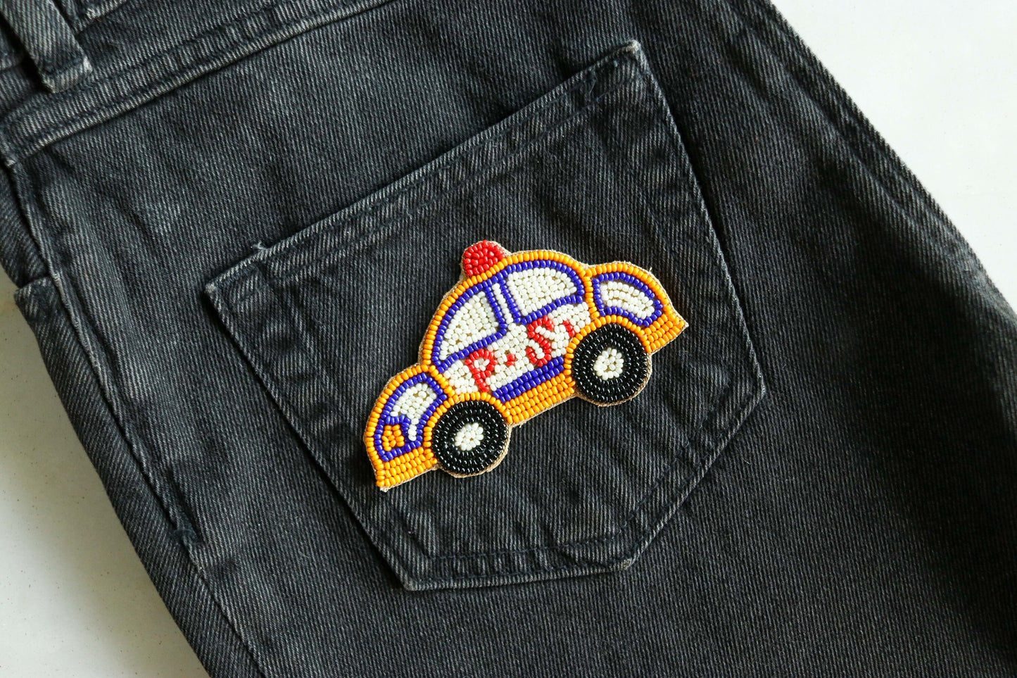 Quirky Police Car beaded patch,Handmade Vehicle Cab applique, Yellow White Taxi Boho embroidered vehicle patch,Sew on DIY Patch