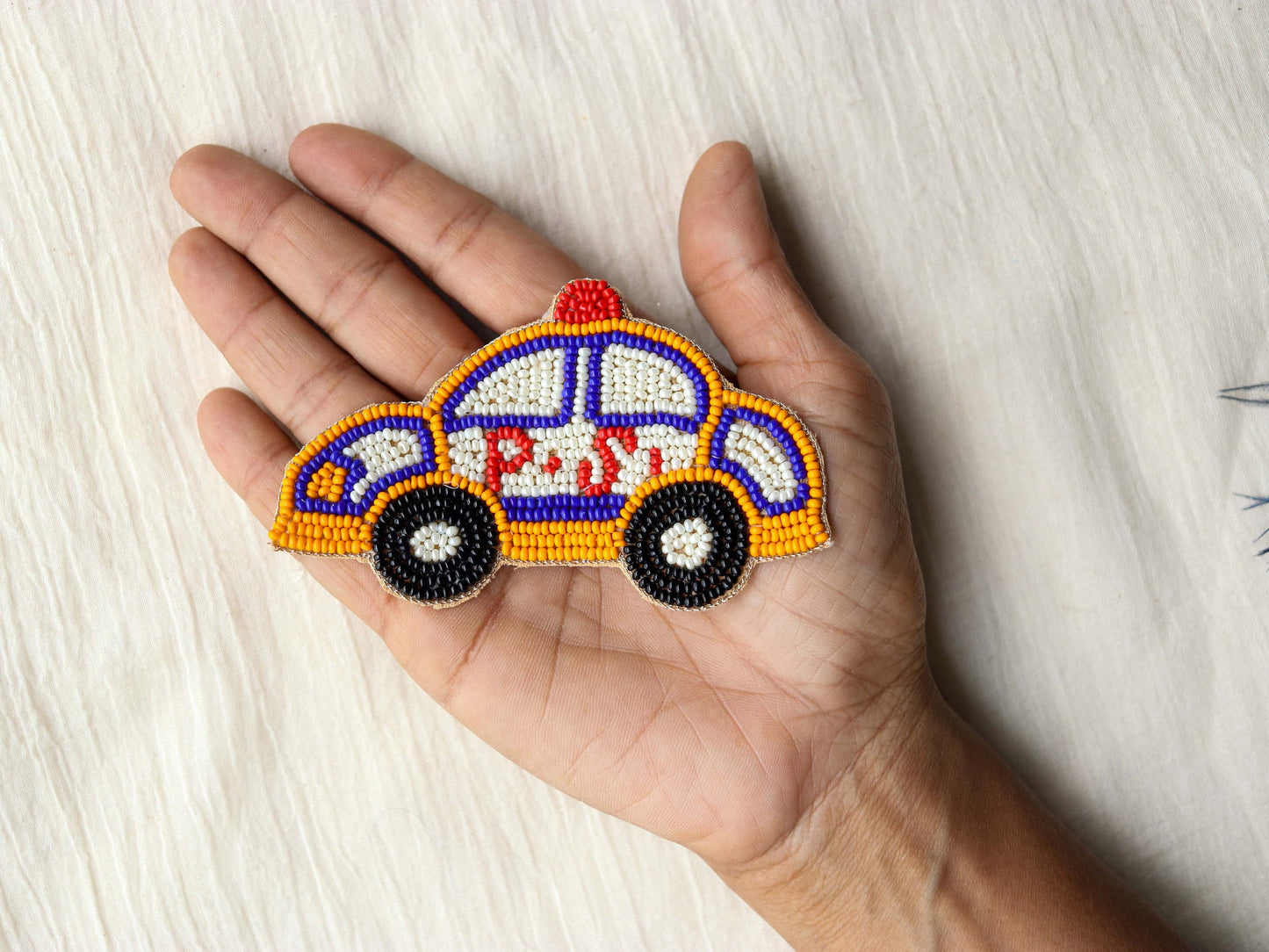 Quirky Police Car beaded patch,Handmade Vehicle Cab applique, Yellow White Taxi Boho embroidered vehicle patch,Sew on DIY Patch