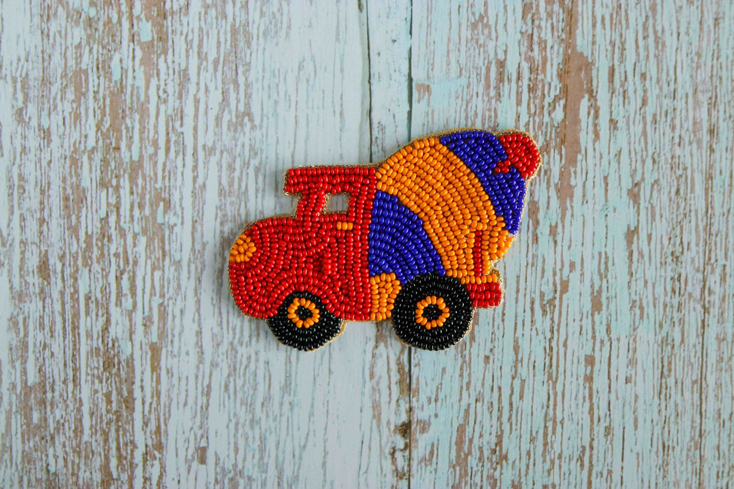 Quirky Truck Multicolour beaded patch,Handmade vehicle applique, Boho Concrete Mixer patch,Construction vehicle,Sew on DIY Patch