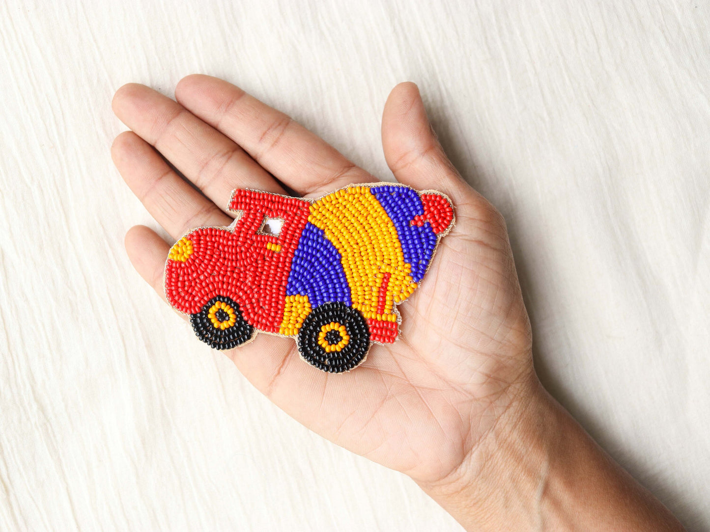Quirky Truck Multicolour beaded patch,Handmade vehicle applique, Boho Concrete Mixer patch,Construction vehicle,Sew on DIY Patch