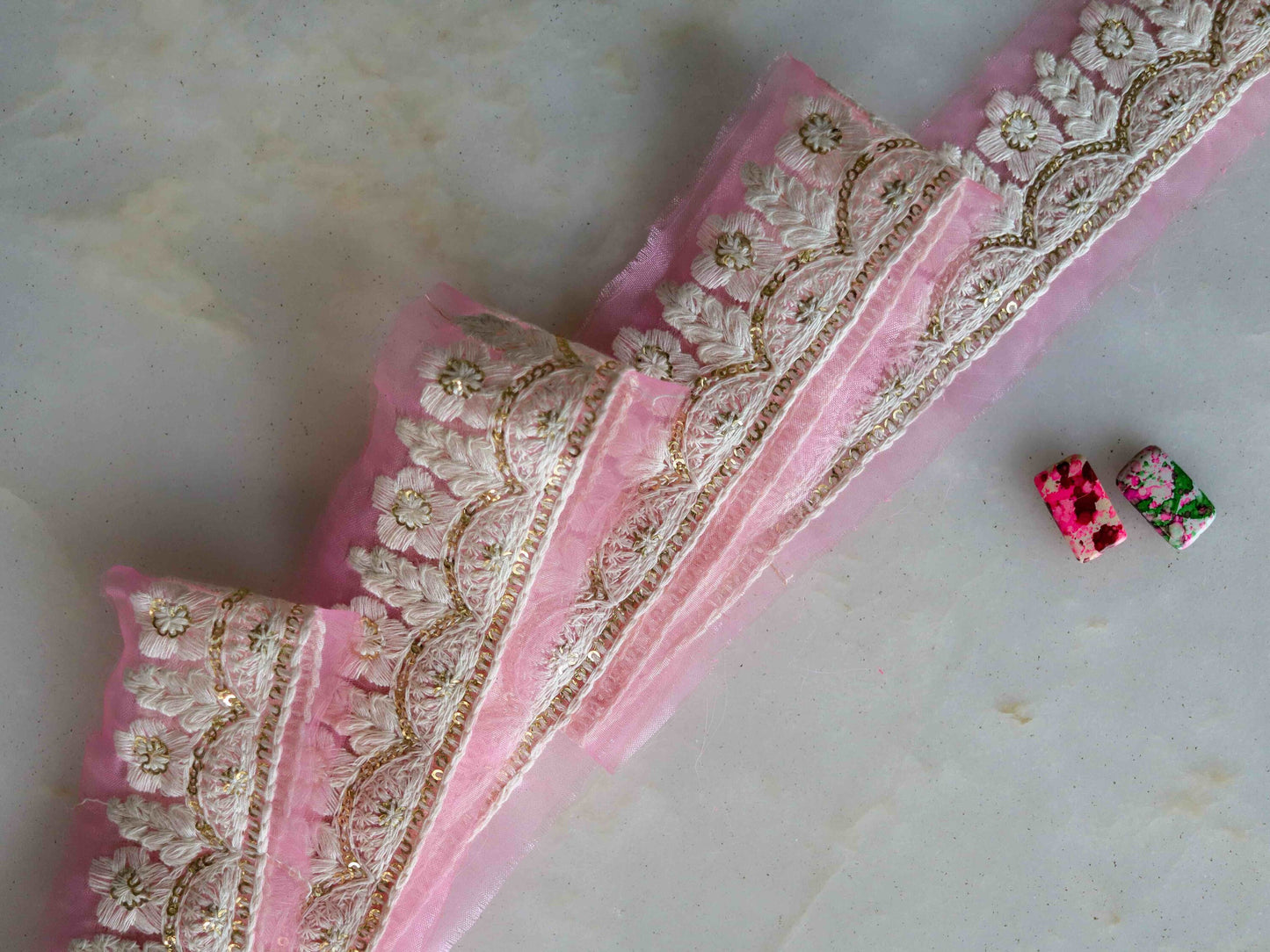 Pink White Floral Embroidered Trim,Indian Fabric Net Sequins Border,Pink Sequins Lace,Pink Gold Saree Border,Price/mtr