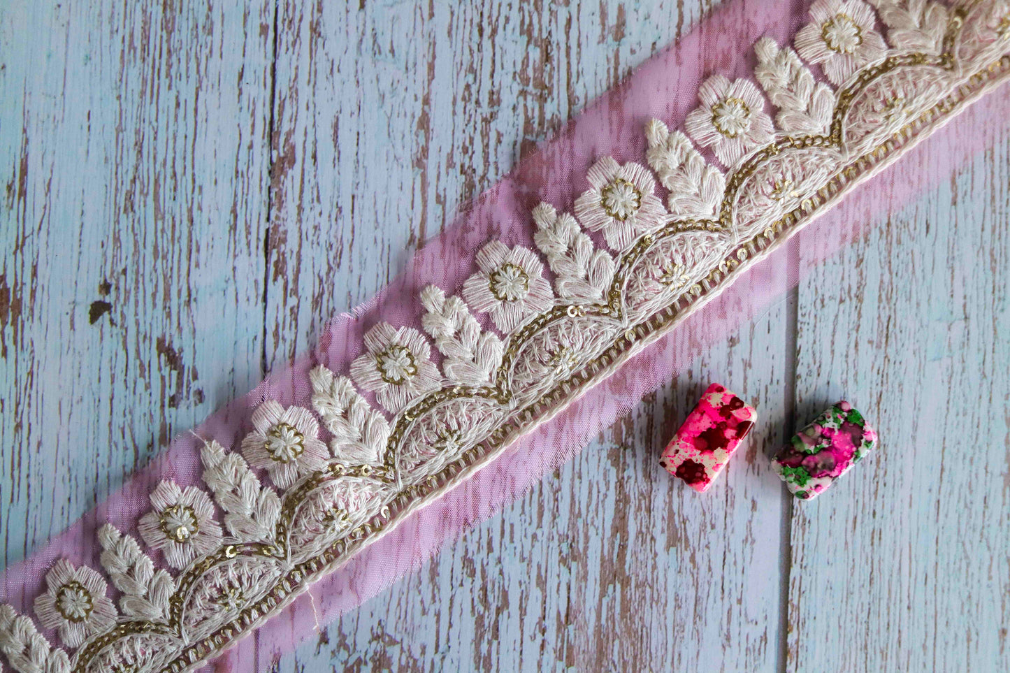 Pink White Floral Embroidered Trim,Indian Fabric Net Sequins Border,Pink Sequins Lace,Pink Gold Saree Border,Price/mtr