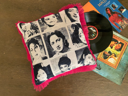 Gulabo - Kitschy Bollywood Cushion Cover,Handmade Black White Photo Print Cushion,Boho Pink Polka Sham,Quirky Home Décor,Indian Home Décor