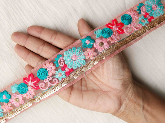 Peach Teal Floral Embroidered Trim, Pink Sequin Floral Border, Green Gold Net Lace,Indian Fabric Trim, Saree Border, Price/mtr, インド刺繍リボン