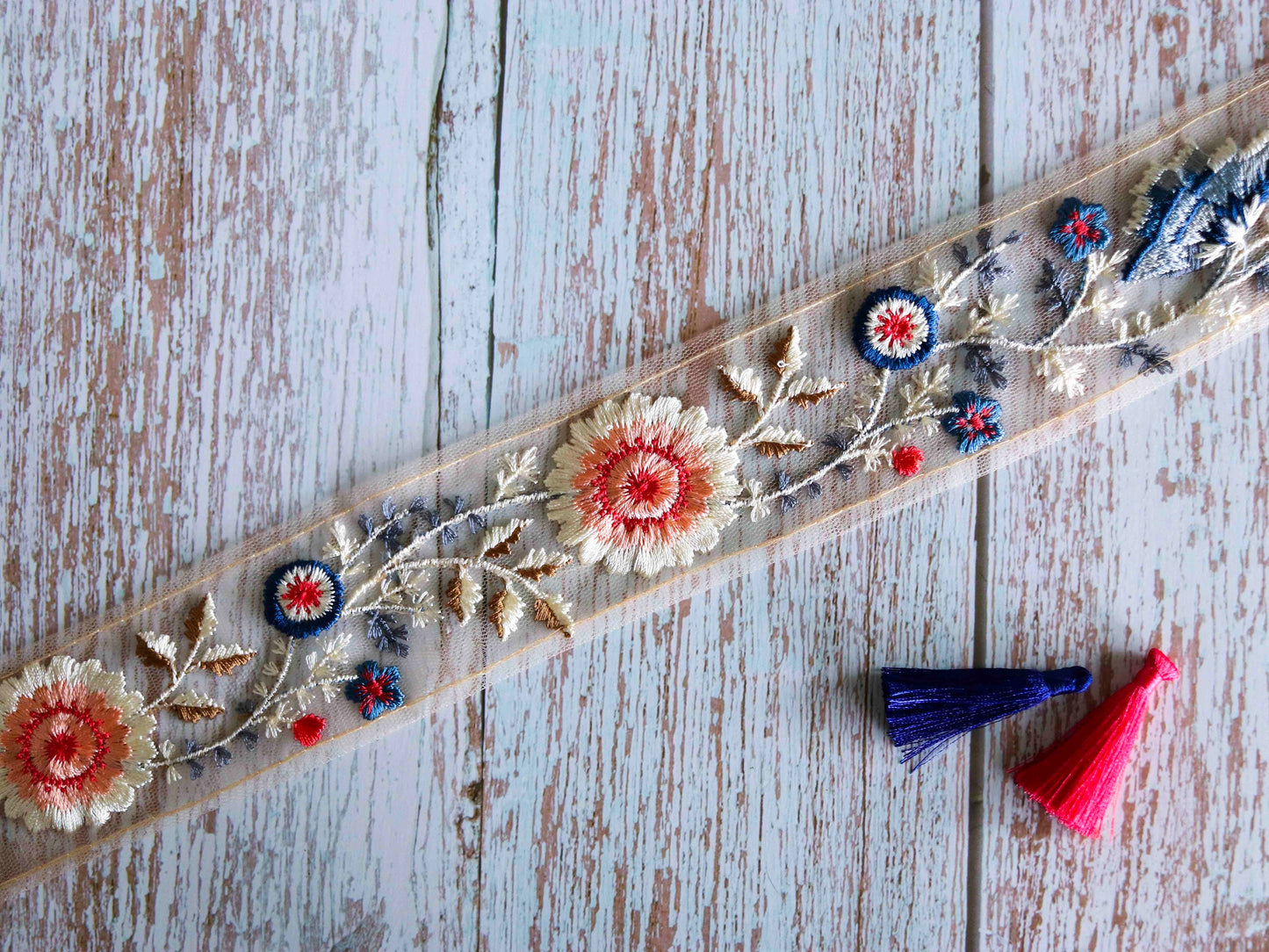 Peach Blue Floral Embroidered Trim,Pink Net Floral Border,Pink Peach Net Lace,Indian Fabric Trim,Saree Border,Price/mtr