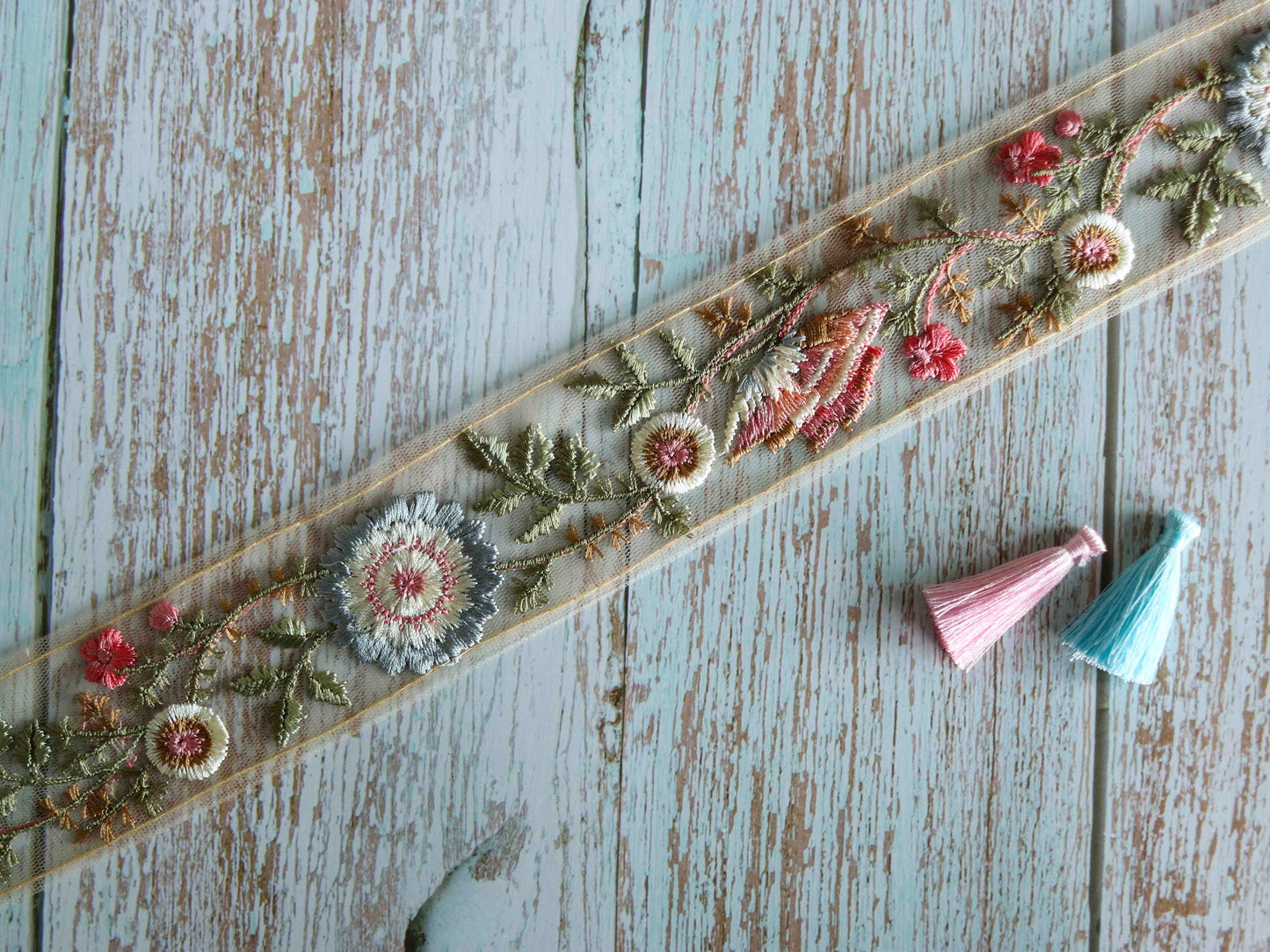 Blue Pink Floral Embroidered Trim,Pastel Net Floral Border,Blue White Net Lace,Indian Fabric Trim,Saree Border,Price/mtr