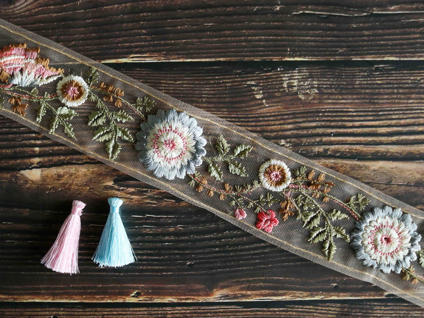 Blue Pink Floral Embroidered Trim,Pastel Net Floral Border,Blue White Net Lace,Indian Fabric Trim,Saree Border,Price/mtr