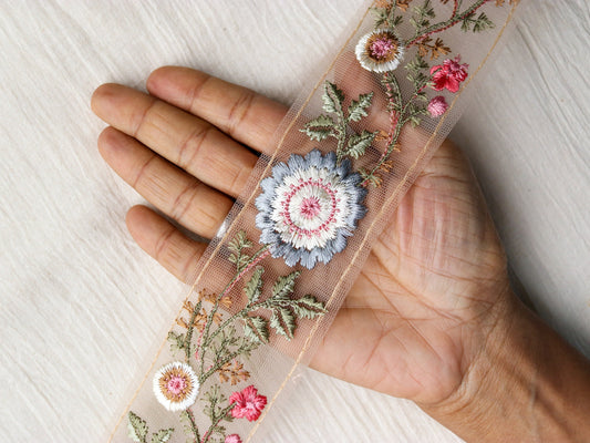 Blue Pink Floral Embroidered Trim,Pastel Net Floral Border,Blue White Net Lace,Indian Fabric Trim,Saree Border,Price/mtr