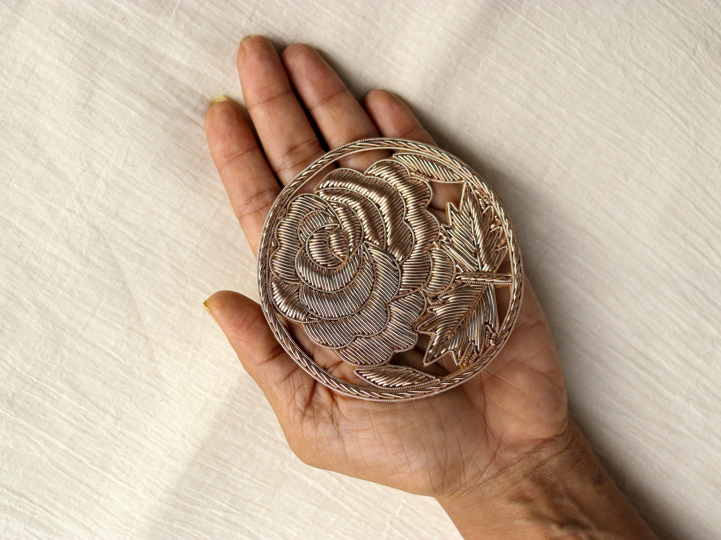 Rose Gold Cutwork Floral Patch,Handmade embroidered Zari Zardozi large flower applique, Gold wedding Floral patch, DIY Patch