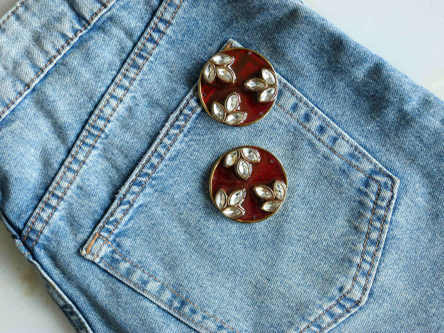 Round Red Glass Kundan Button,Indian Floral Kurta Button, Jaipur Kundan Charm,Indian Jewellery Ornament Trinket,Sherwani Button,2 pieces