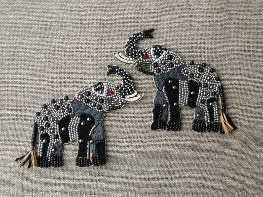 Silver Black Elephant Beaded Patch,Handmade embroidered applique,Grey Elephant applique,Quirky Animal patch,Sew on applique,DIY Patch