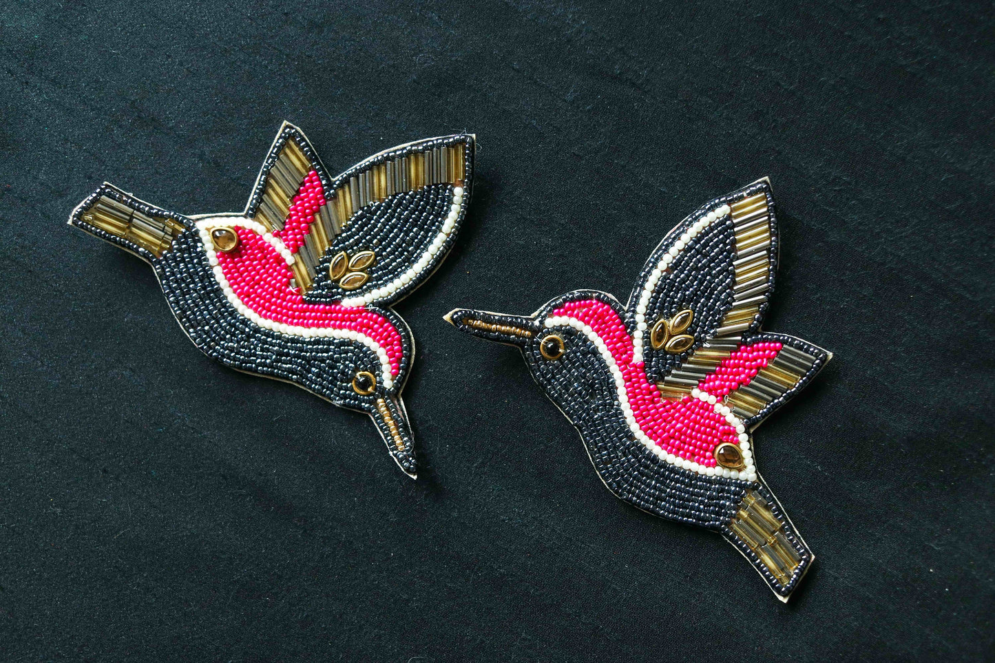 Grey Pink Bird Beaded patch,Handmade Embroidered applique, Grey Hummingbird patch,Costume Denim Patch,Sew on Applique, DIY Patch