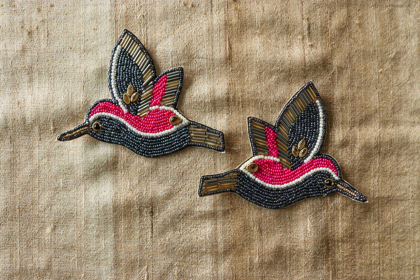 Grey Pink Bird Beaded patch,Handmade Embroidered applique, Grey Hummingbird patch,Costume Denim Patch,Sew on Applique, DIY Patch