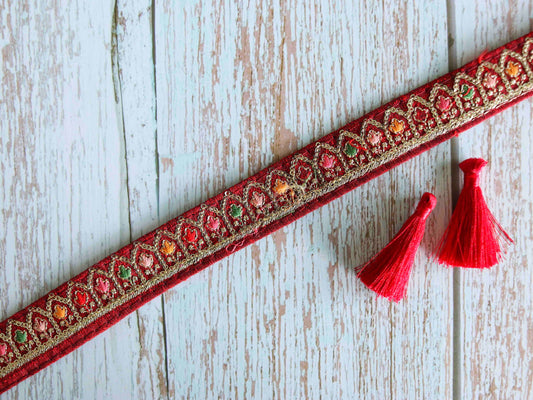 Red Colourful Floral Embroidered Trim,Indian Fabric Embroidered Border,Narrow Red Pink Floral Lace,Floral Saree Border,Price/mtr