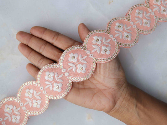 Peach White Scallop Embroidered Trim,Pastel Peach Fuzz Floral Border,Pink Cutwork Lace,Round Saree Border,Indian Fabric Trim,Price/mtr