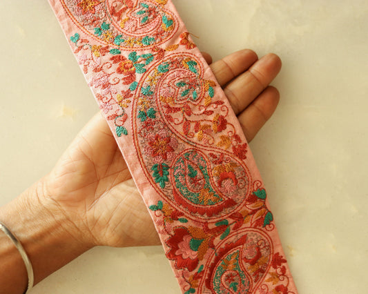 Pink Paisley Floral Embroidered Trim,Indian Kashmiri Embroidered Border,Pink Red Paisley Embroidered Lace,Broad Saree Border,Price/mtr
